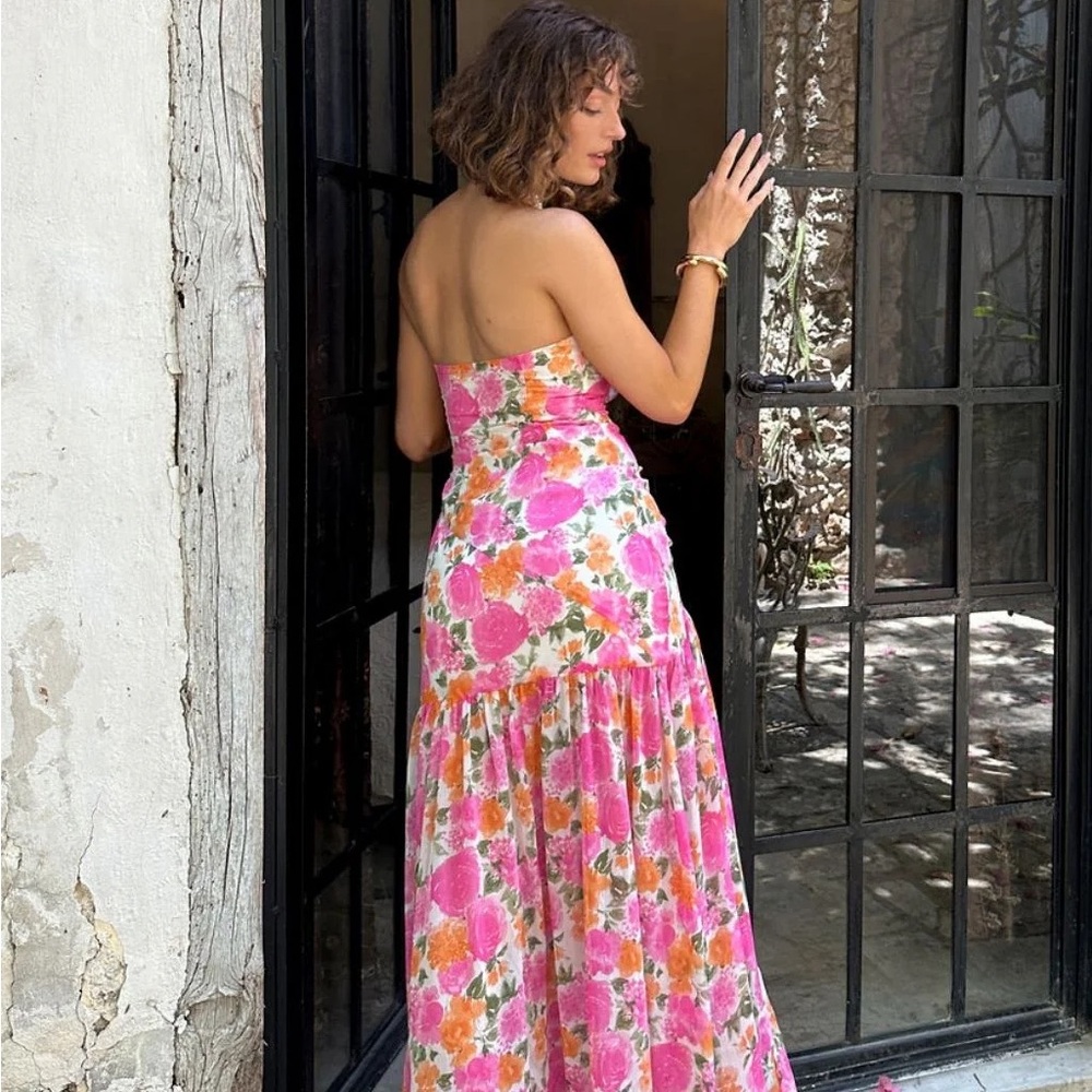 12th Tribe Pink and Orange Floral Strapless Dress - LaBelle - Size Small